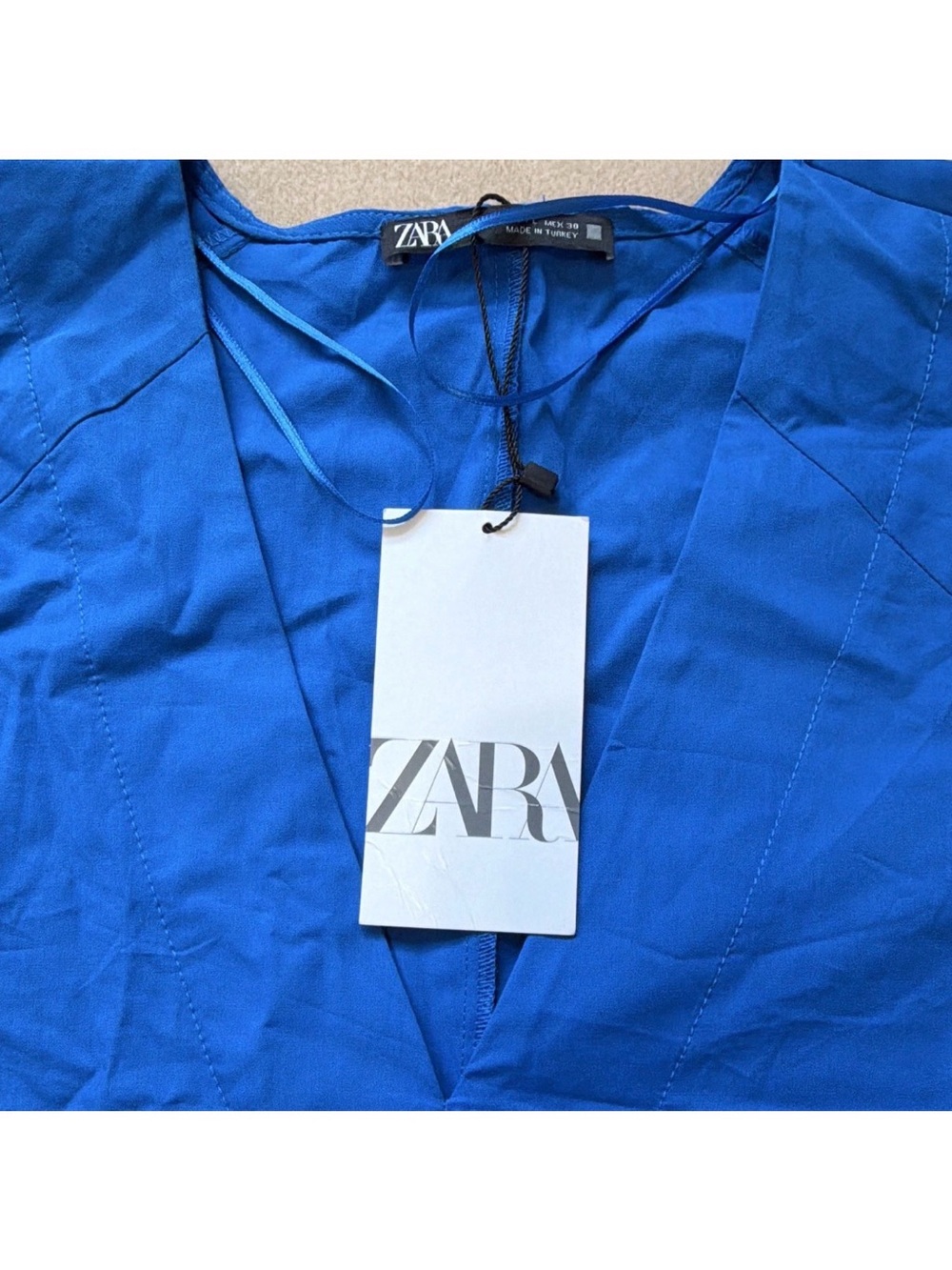 Zara Blue Solid V-Neck Sleeve Cotton Woven Button Front short dress L